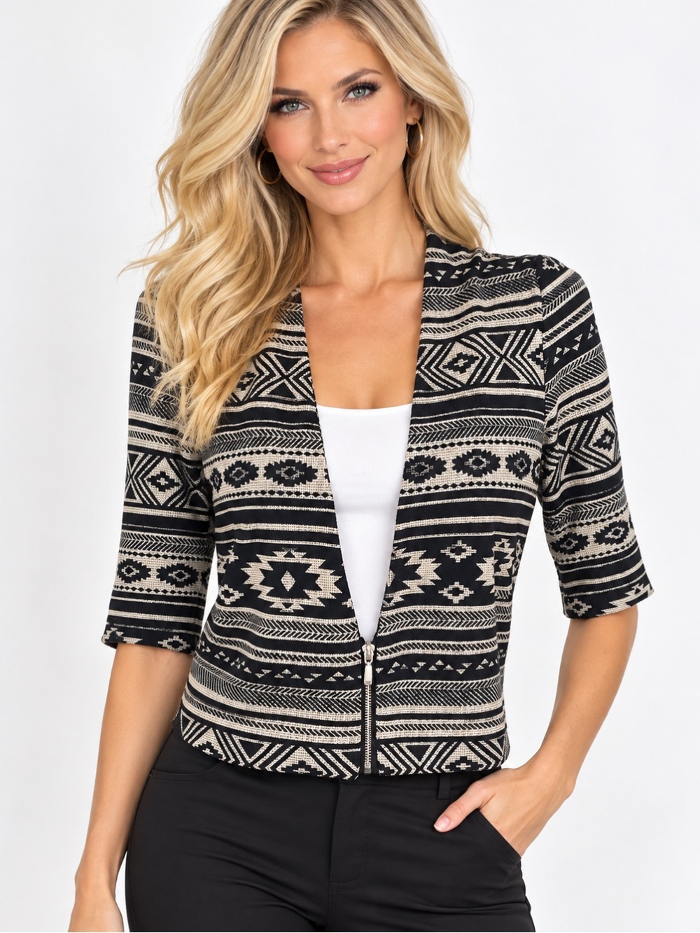 Chelsea Suite Jacket Womens 8 Black Ivory Geometric Southwestern Zip Blazer